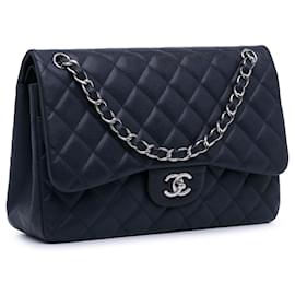 Chanel-Patta foderata in caviale classico blu Jumbo Chanel-Blu,Blu navy