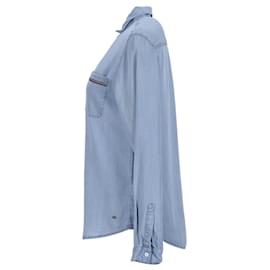 Tommy Hilfiger-Top tejido tipo camisa de manga larga con ajuste regular para mujer-Azul,Azul claro