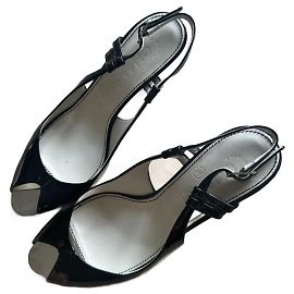 Chanel Black Patent Leather Peep Toe Sandals Black