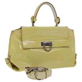 Salvatore Ferragamo-Salvatore Ferragamo Sofia Gancini Hand Bag Patent leather 2way Yellow Auth 67154-Yellow