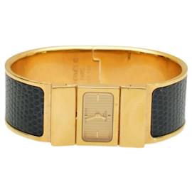 Hermès-Relógio Hermès Vintage Loquet banhado a ouro com pulseira de couro de lagarto azul L01.201 Circa 2000-Azul