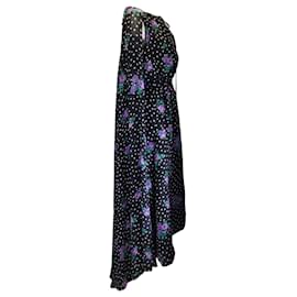 Autre Marque-Richard Quinn Vestido maxi preto multi floral com estampa de bolinhas e detalhe de capa em seda-Preto