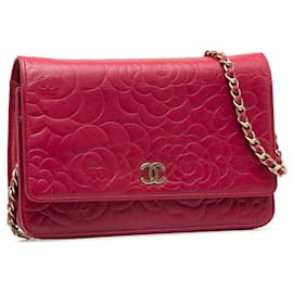 Chanel-Portafoglio rosa Camelia Chanel su borsa a tracolla con catena-Rosa
