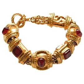 Chanel-CHANEL Vintage super rare chain bracelet gold plated bracelet with red gripoix-Golden