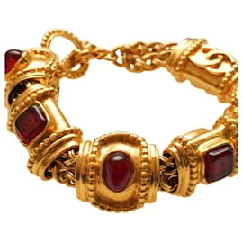 Chanel-CHANEL Vintage super seltene Kettengliederarmband vergoldet mit rotem Gripoix.-Golden