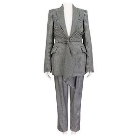 Alexander McQueen Houndstooth Draped Jacket Trouser Suit Black