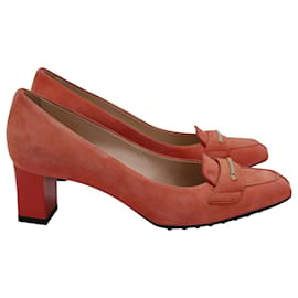 Tod's-Zapatos de Salón Tod's con Tacón Cuadrado en Ante Coral-Naranja,Coral