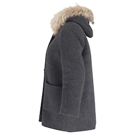 Sandro-Sandro Fur Trimmed Hooded Coat in Grey Wool-Grey