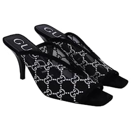 Gucci-Gucci Demi 90 Crystal-Embellished Mesh Mules in Black Leather-Black