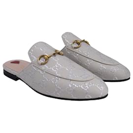 Gucci-Gucci Princetown Mule Gardenia Slippers in Silver Canvas-Silvery