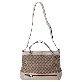 Gucci-Gucci Mayfair Bow Large Top Handle Bag in Beige Canvas and White Leather-Brown,Beige