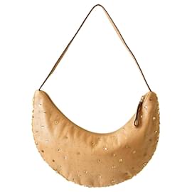 Miu Miu-Miu Miu Camel Brown Embellished Perforated Leather Baguette Moon Shape Beige-Beige