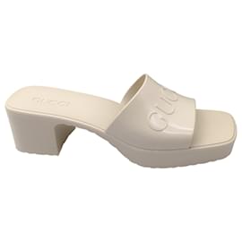 Autre Marque-Gucci Ivory Logo Platform Block Heel Rubber Slide Sandals-Cream