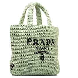 Prada-Kleine grüne Prada-Tragetasche mit Logo aus Bast-Grün