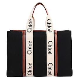 Chloé-CHLOÉ Woody Large Leather-trimmed Wool Tote in Black-Beige