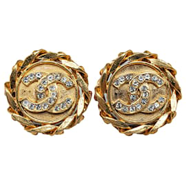 Chanel-Boucles d'oreilles à clip en strass Chanel CC dorées-Doré