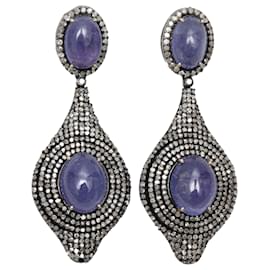 Autre Marque-Blue Cabochon & Diamond Bavna Drop Pierced Earrings-Blue