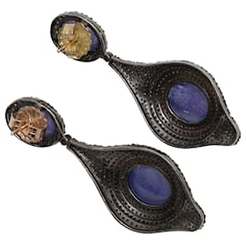 Autre Marque-Blue Cabochon & Diamond Bavna Drop Pierced Earrings-Blue