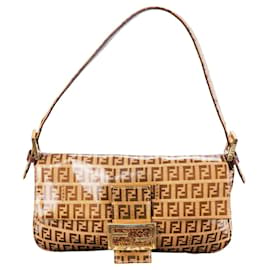 Fendi-Fendi FF Baguette Patent Monogram Handbag-Brown