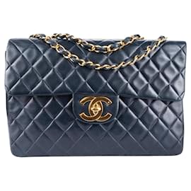 Chanel-Chanel Blue Quilted Lambskin 24K Gold Jumbo Single Flap Crossbody Bag-Blue