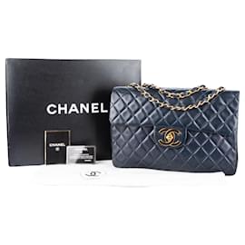 Chanel-Chanel Blue Quilted Lambskin 24K Gold Jumbo Single Flap Crossbody Bag-Blue