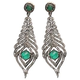 Autre Marque-Emerald & Pave Diamond Bavna Drop Pierced Earrings-Other