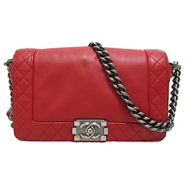 Chanel-Chanel vermelho Bolsa de couro de bezerro médio Reverso Boy Flap Crossbody-Vermelho
