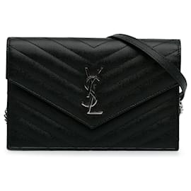 Saint Laurent-Black Saint Laurent Grained calf leather Chevron Monogram Wallet on Chain Crossbody Bag-Black