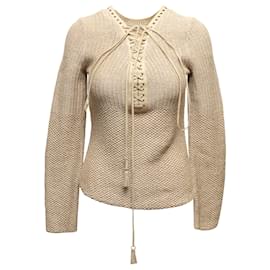 Salvatore Ferragamo-Beigefarbener Vintage-Pullover mit Lederbesatz von Salvatore Ferragamo, Größe US S-Beige