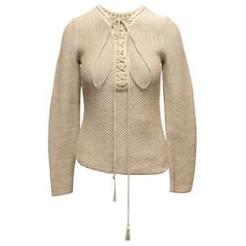 Salvatore Ferragamo-Beigefarbener Vintage-Pullover mit Lederbesatz von Salvatore Ferragamo, Größe US S-Beige