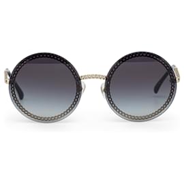 Chanel-Black Chanel Chain-Link Accent Round Sunglasses-Black