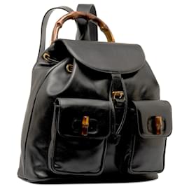 Gucci-Black Gucci Bamboo Drawstring Leather Backpack-Black