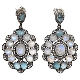 Autre Marque-Light Blue Bavna Labradorite & Pave Diamond Pierced Drop Earrings-Blue