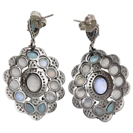 Autre Marque-Light Blue Bavna Labradorite & Pave Diamond Pierced Drop Earrings-Blue