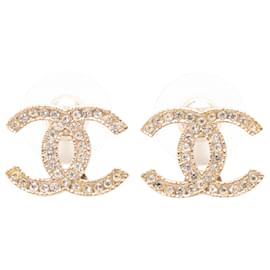 Chanel-Gold-Tone Chanel Pave Crystal CC Pierced Earrings-Golden