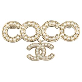 Chanel-Broche de perlas de imitación Chanel Coco blanco-Blanco