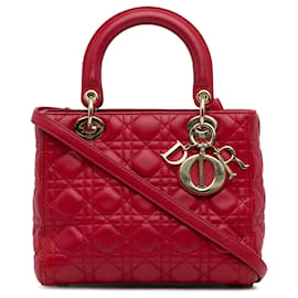 Dior-Bolsa Dior Cannage Lady Dior em pele de cordeiro média vermelha vermelha-Vermelho
