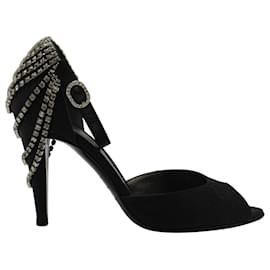 Sergio Rossi-Sergio Rossi Diamante Embellished Peep-Toe Sandals in Black Suede-Black