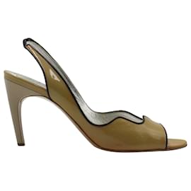 Roger Vivier-Roger Viver Wavy Peep-Toe Slingback Sandals in Camel Patent Leather-Yellow,Camel