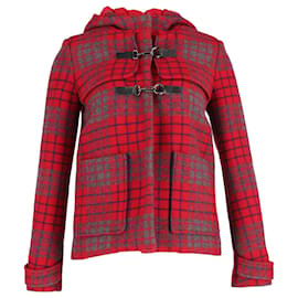 Maje-Maje Hooded Checkered Coat in Red Wool-Red,Other