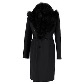 Bottega Veneta Shearling-Trim Double-Breasted Coat in Black Wool Black