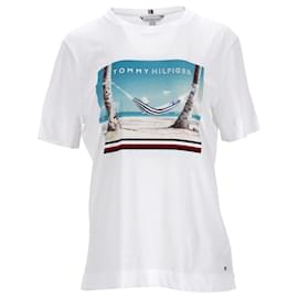 Tommy Hilfiger-T-shirt da donna con stampa spiaggia in cotone biologico Tommy Hilfiger in cotone bianco-Bianco