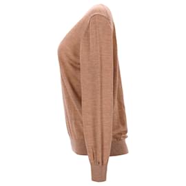 Tommy Hilfiger-Tommy Hilfiger Suéter feminino essencial de lã com decote em V em lã marrom-amarelada-Marrom,Bege