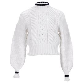Tommy Hilfiger Pull en grosse maille à manches ballon pour femme en coton blanc Blanc