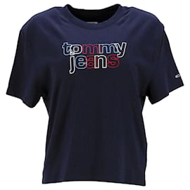 Tommy Hilfiger-Tommy Hilfiger Damen-T-Shirt mit verkürzter Passform und Outline-Logo aus marineblauer Baumwolle-Marineblau