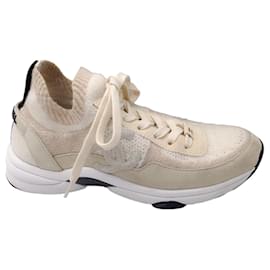 Chanel-Chanel Ivory CC Logo Suede Leather Trimmed Knit Sneakers-Cream