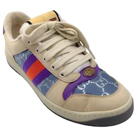 Autre Marque-Gucci Beige / blue / Baskets basses Screener en cuir et lame à monogramme GG Web Stripe violettes-Multicolore