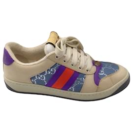 Autre Marque-Gucci Beige / Blue / Purple Web Stripe GG Monogram Lame and Leather Low Top Screener Sneakers-Multiple colors
