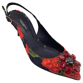 Autre Marque-Dolce & Gabbana Rouge / Escarpins noirs en jacquard à bride arrière ornés de cristaux multi-fleurs et de cristaux-Multicolore