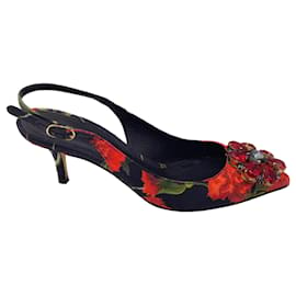 Autre Marque-Dolce & Gabbana Rojo / Zapatos de tacón de jacquard con tira trasera y adornos de cristales florales multicolores negros-Multicolor